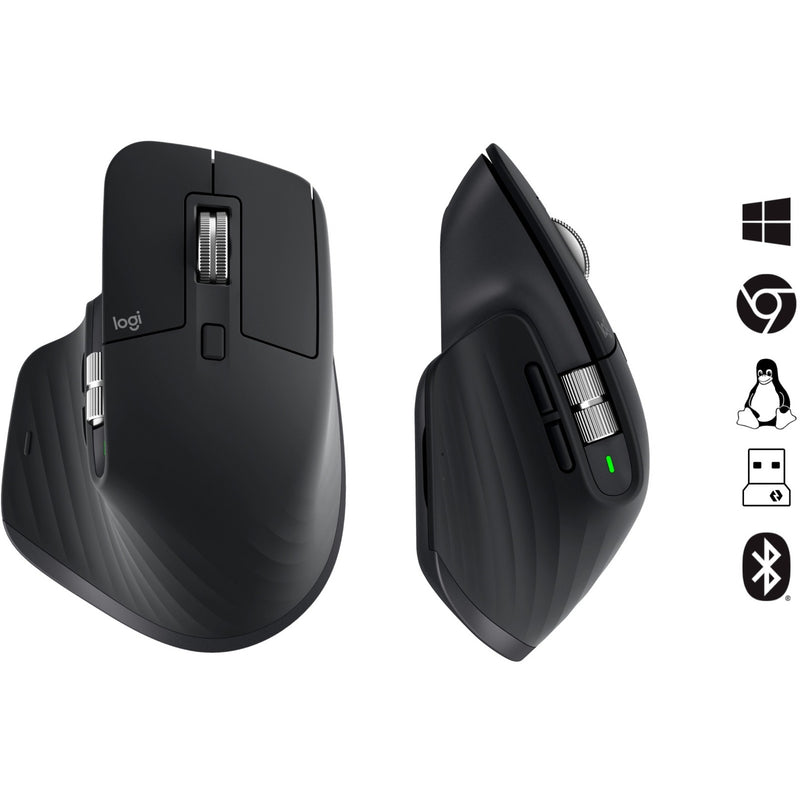 Side views of MX Master 3S mouse with operating system compatibility icons