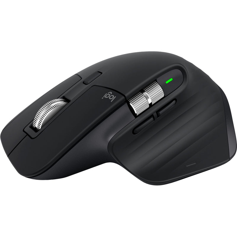 Side view of black Logitech MX Master 3S wireless mouse showing ergonomic design and MagSpeed scroll wheel