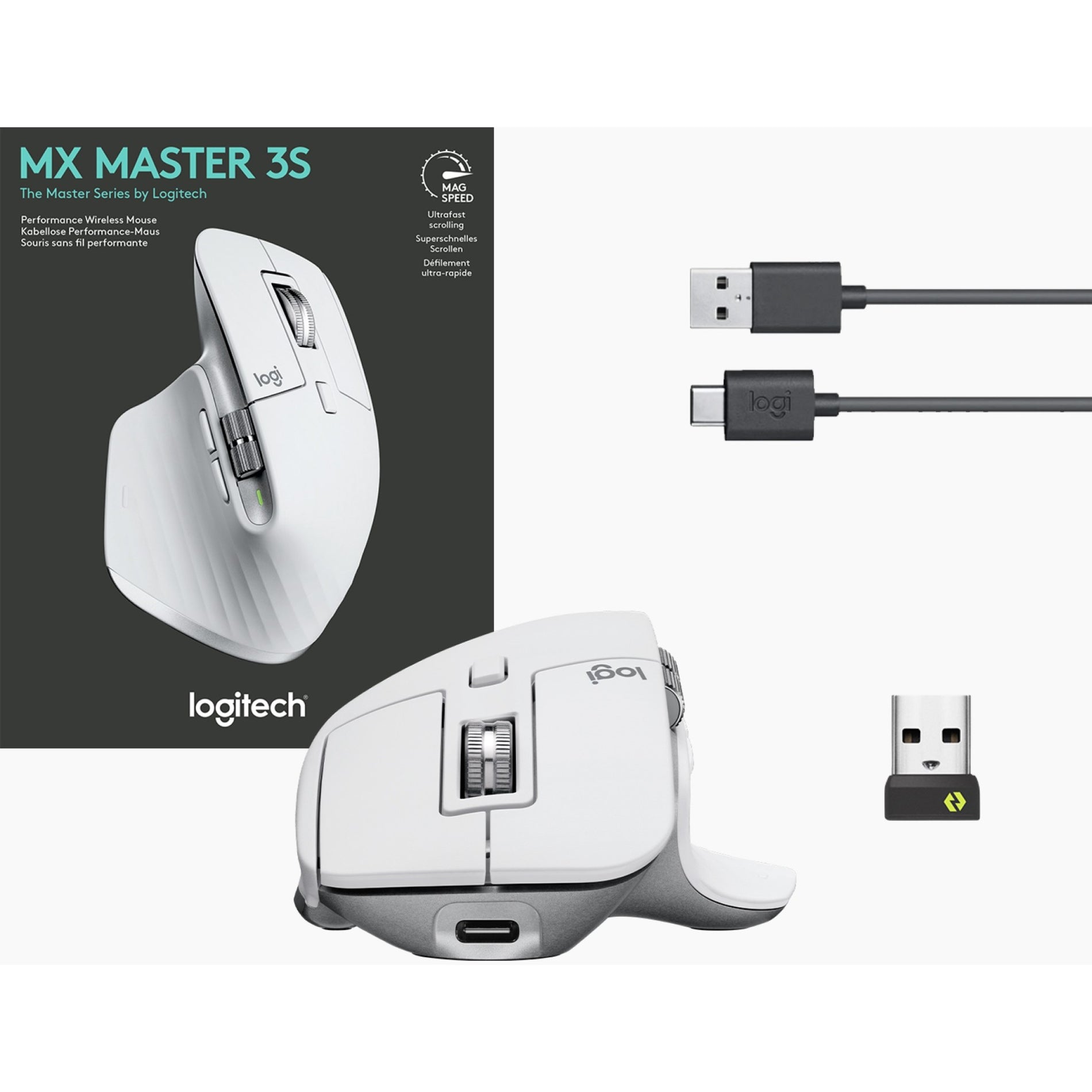 Souris sans fil de performance Logitech 910-006558 MX Master 3S Gris pâle Recharge USB-C 8000 dpi