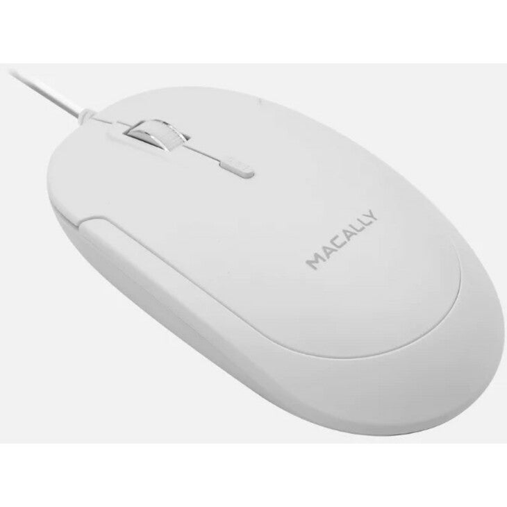 Dynamic angle view of Macally mouse highlighting its sleek design and proportions