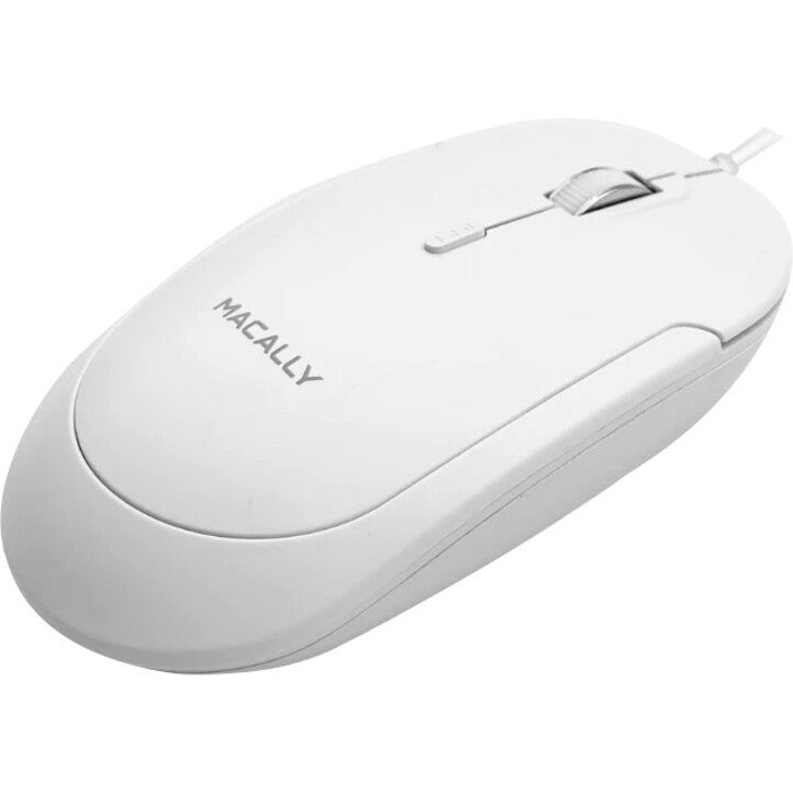 Macally white USB-C optical mouse with scroll wheel shown from top angle view