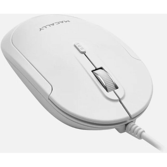 Angled perspective of Macally mouse showing ergonomic design and button layout