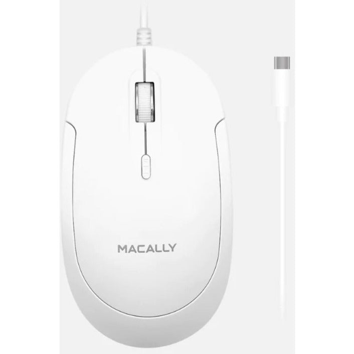 Top-down view of Macally mouse showing optical sensor and scroll wheel detail