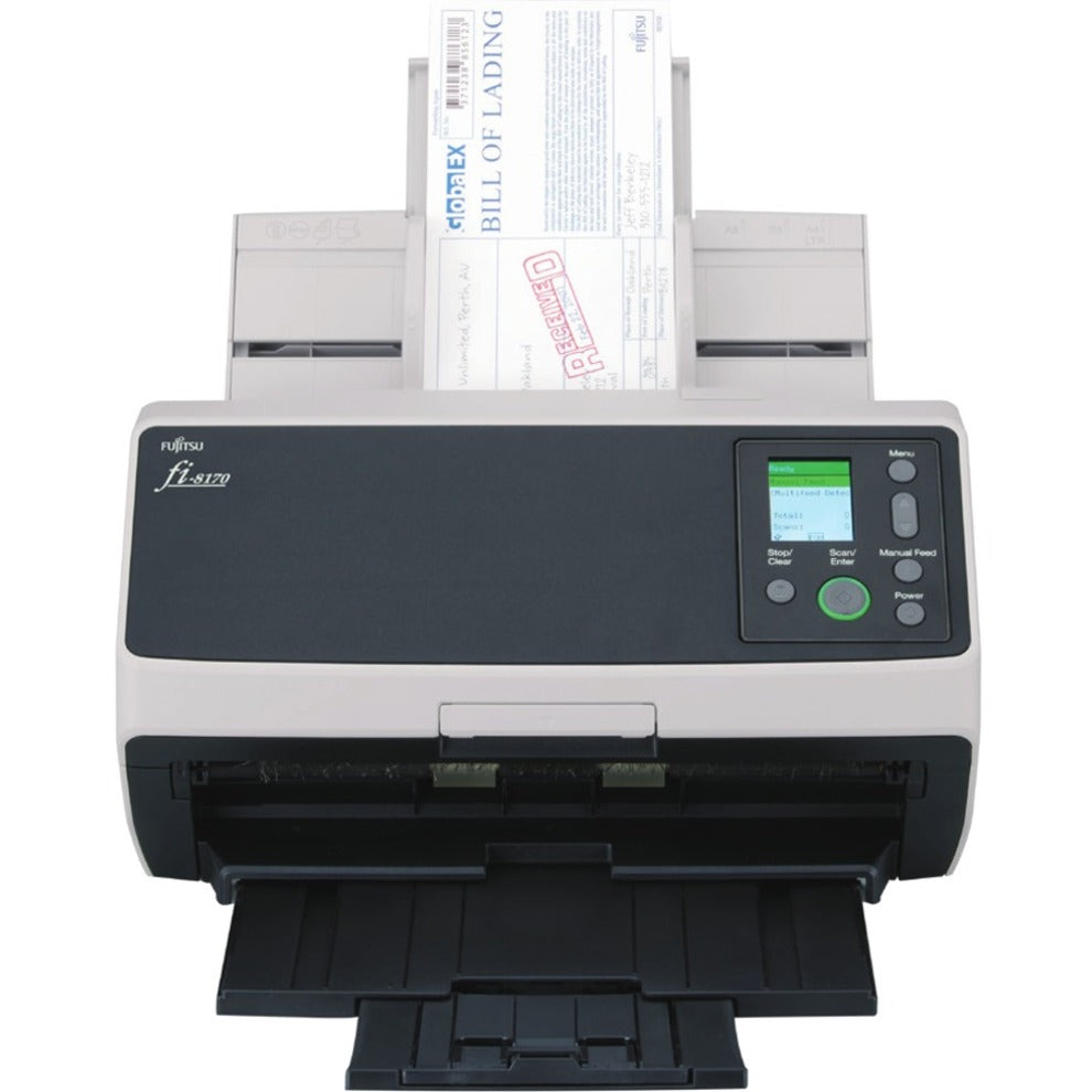 Front view of Fujitsu fi-8170 document scanner showing LCD control panel and document feeder-alternate-image1