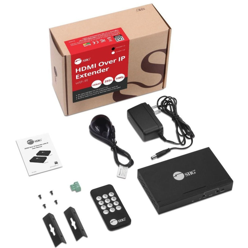 Complete package contents of SIIG HDMI Over IP Extender including accessories