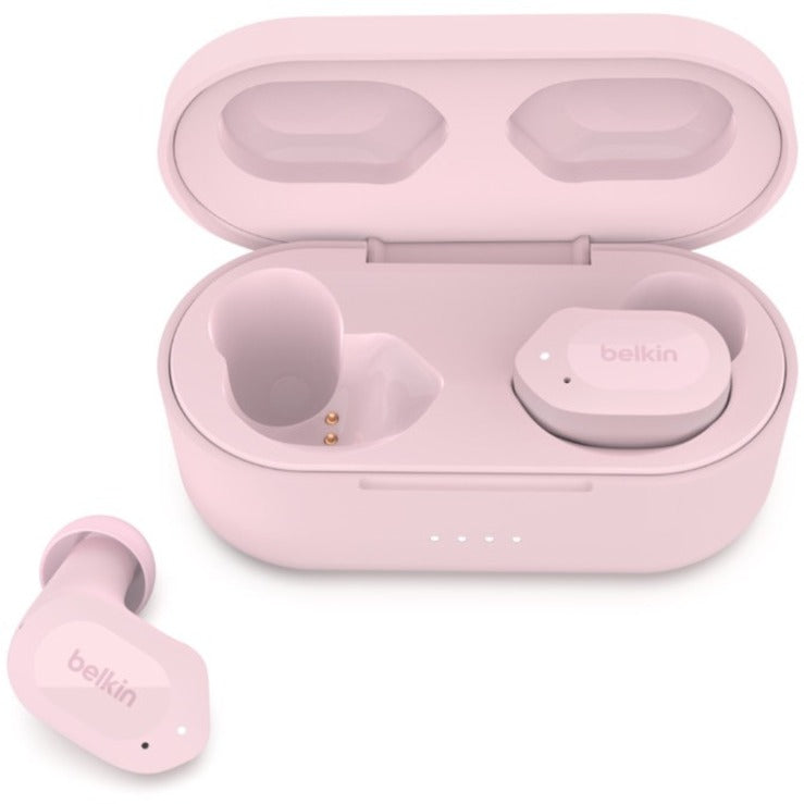 Open charging case with one earbud removed showing internal charging contacts and LED indicators