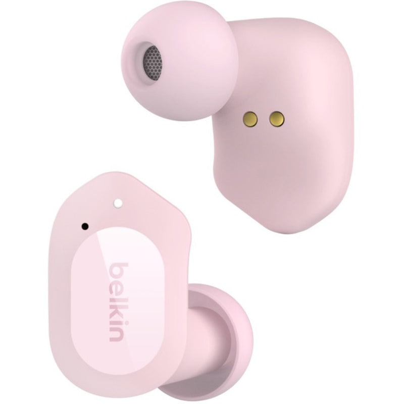 Close-up view of petal pink Belkin SOUNDFORM Play wireless earbud showing dual microphones and ergonomic design