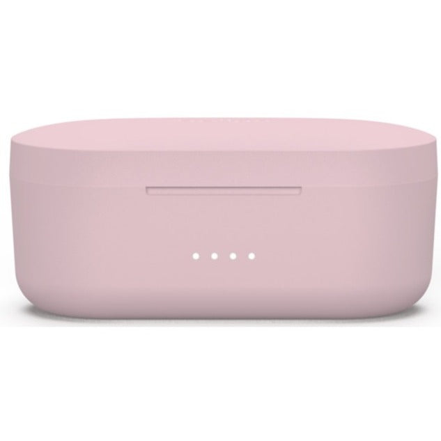 Front view of the petal pink Belkin SOUNDFORM Play charging case showing LED indicators