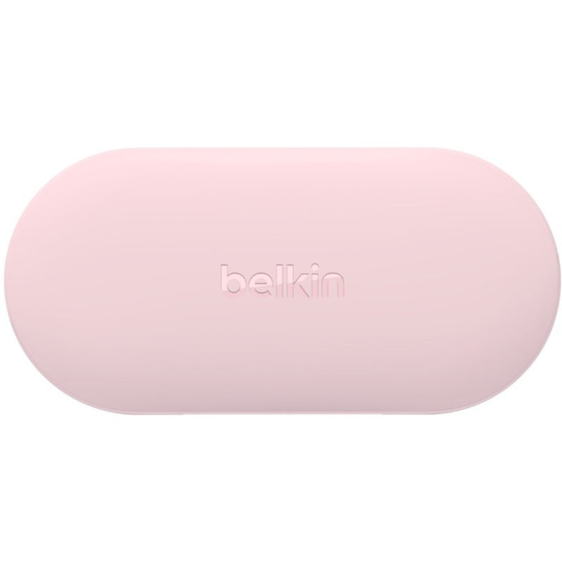 Close-up of the Belkin logo on the petal pink charging case