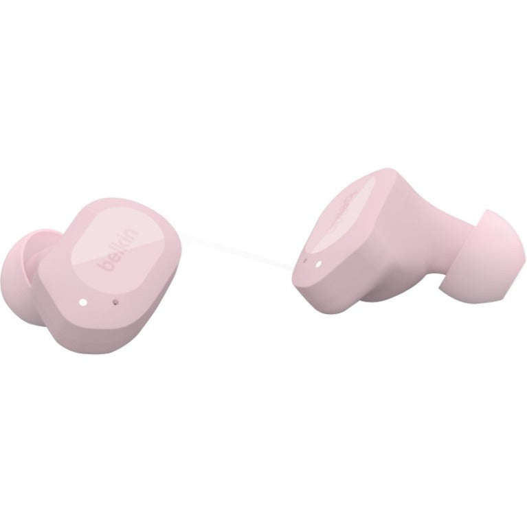 Side view of petal pink Belkin wireless earbuds showing ergonomic design and sleek profile