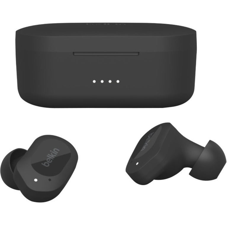 Belkin SOUNDFORM Play true wireless earbuds in midnight black color with charging case showing LED battery indicators