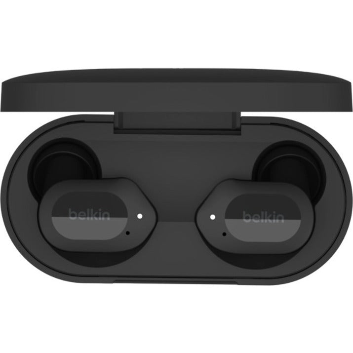 Open view of Belkin SOUNDFORM Play charging case showing magnetic earbud holders