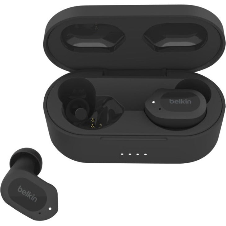 Open charging case of Belkin SOUNDFORM Play showing earbud placement and LED indicators