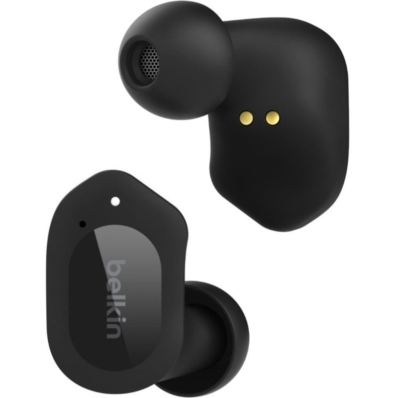 Close-up view of Belkin SOUNDFORM Play earbud showing dual microphones and mesh speaker cover