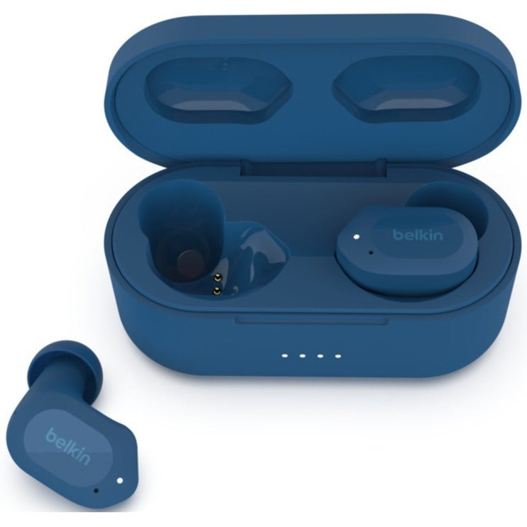 Open view of Belkin SOUNDFORM Play charging case showing earbud placement and charging contacts