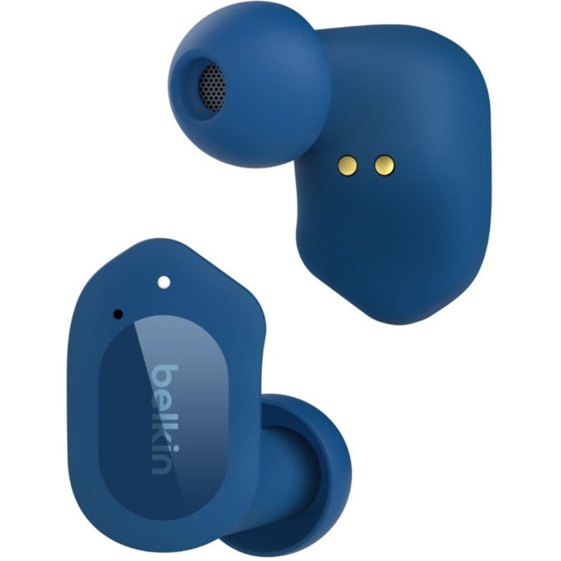 Close-up view of Belkin SOUNDFORM Play wireless earbud in ocean blue color showing speaker grille and touch controls