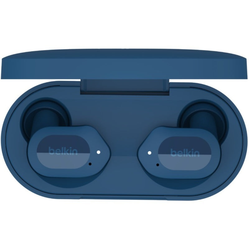 Top view of Belkin SOUNDFORM Play charging case with earbuds nested inside