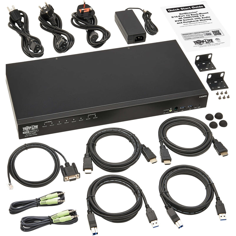 Complete KVM switch package with included accessories and cables