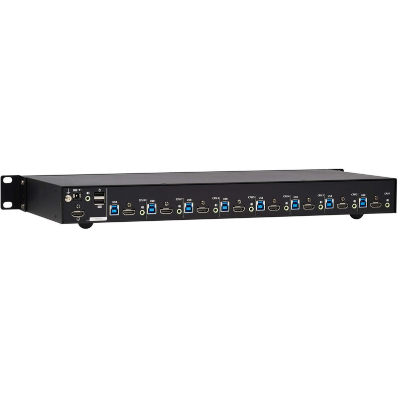 Angled view of KVM switch showing all connection ports