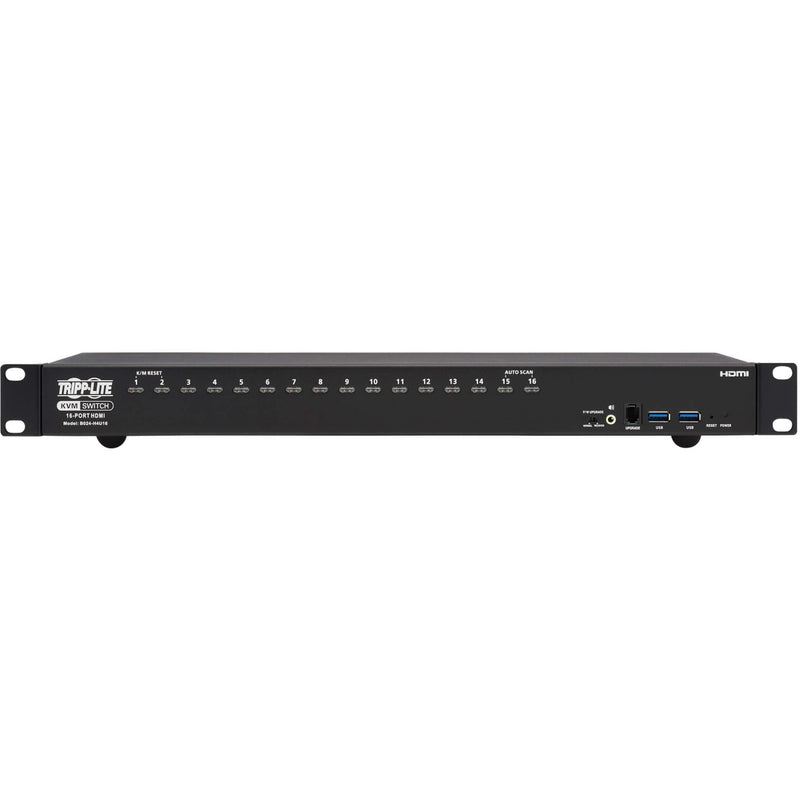 Side angle view of Tripp Lite B024-H4U16 KVM switch showing 1U rack mount design