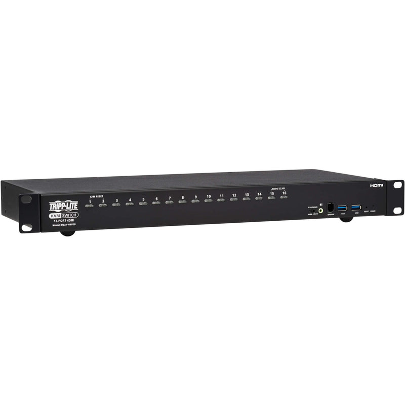 Front view of Tripp Lite B024-H4U16 16-port HDMI KVM switch showing numbered control buttons and LED indicators