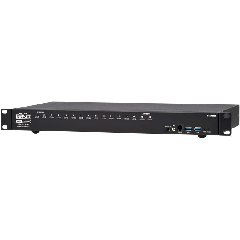 Angled view of Tripp Lite B024-H4U16 KVM switch showing control panel and construction