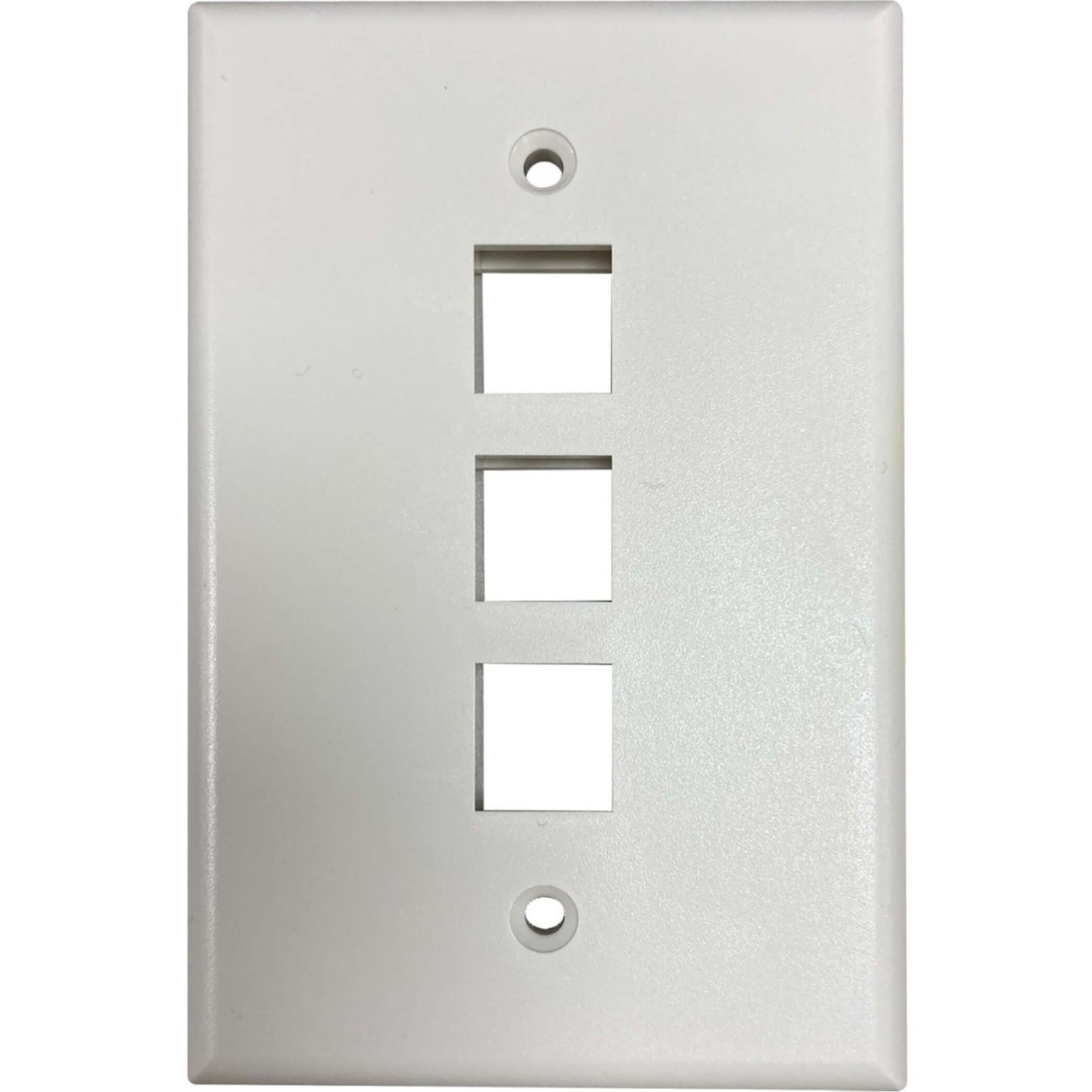 Front view of ivory matte 3-port keystone wall plate with three square openings and mounting holes-alternate-image1