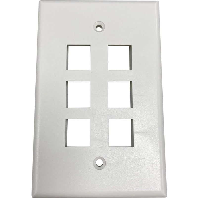 Front view of 6-port single-gang keystone wall plate in ivory showing square port openings