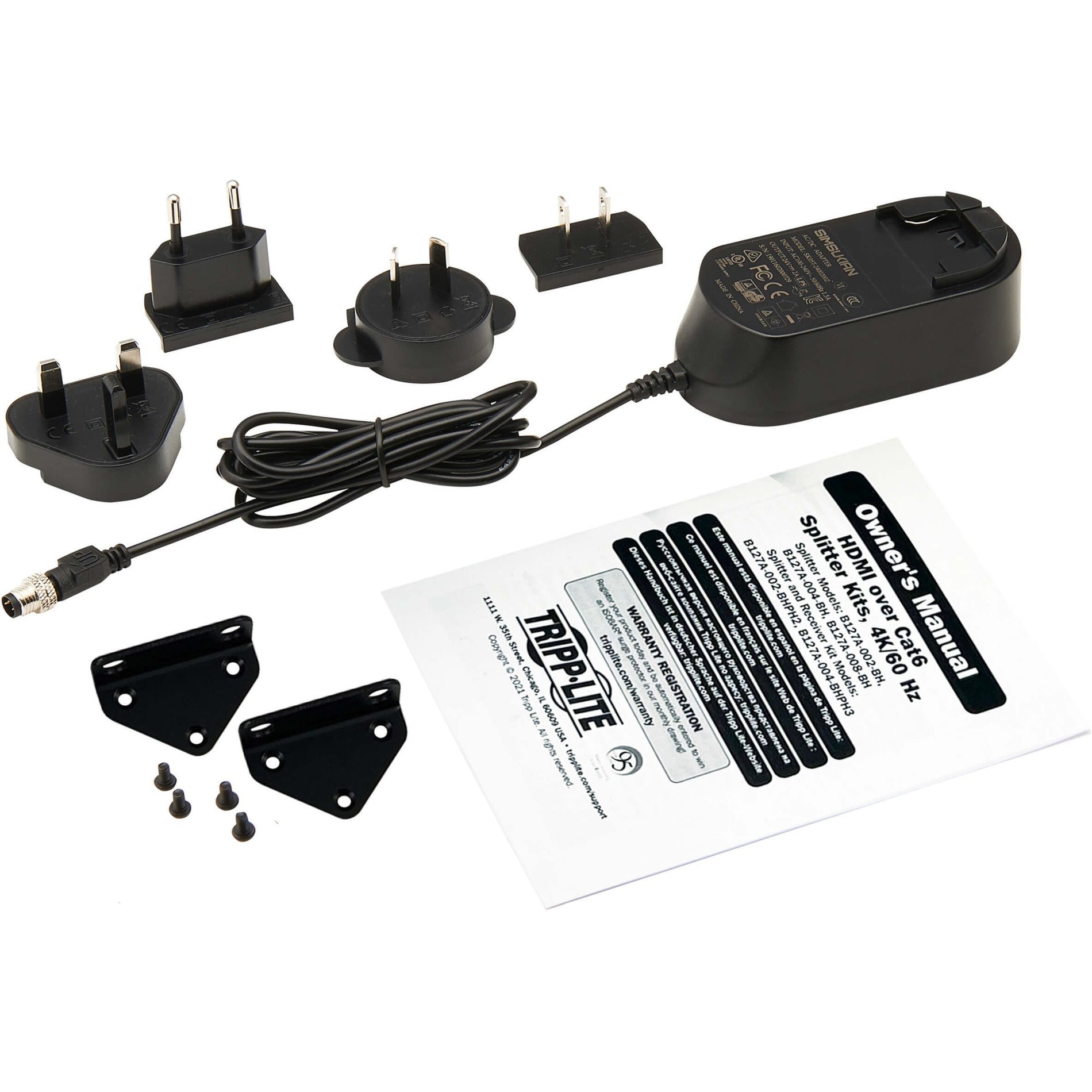 Package contents including power adapters, mounting brackets, and manual for B127A-008-BH-alternate-image5