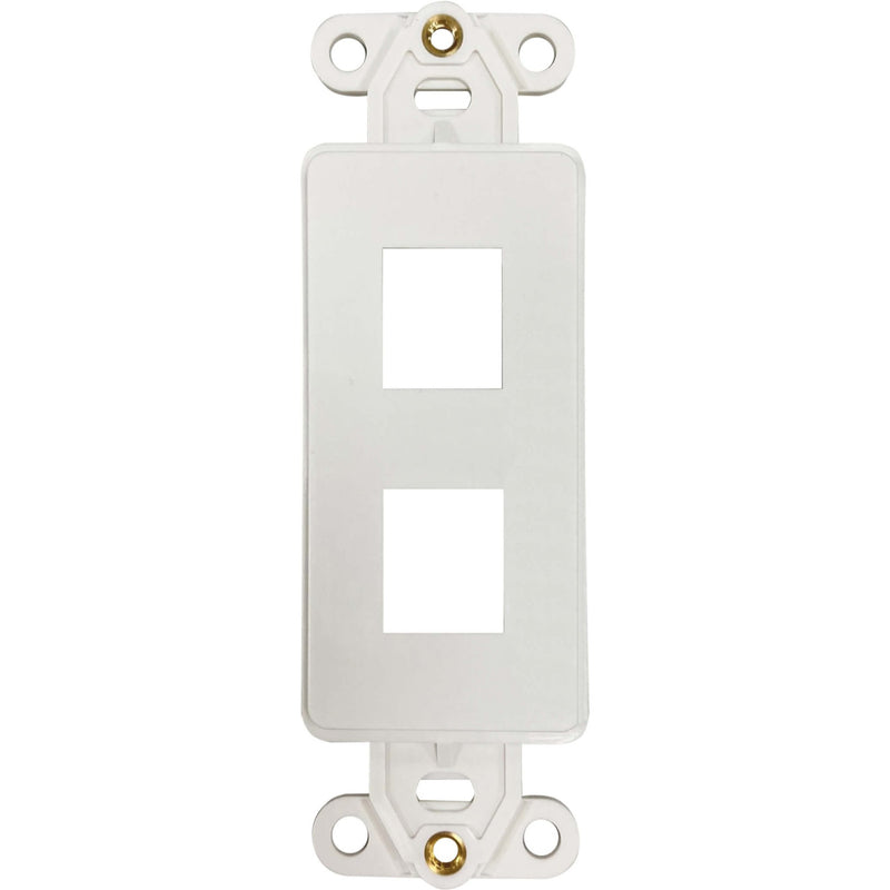 Straight-on view of ivory colored 2-port wall plate insert showing clean lines and mounting points