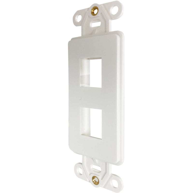 Angled perspective of ivory wall plate insert showing depth and mounting flexibility