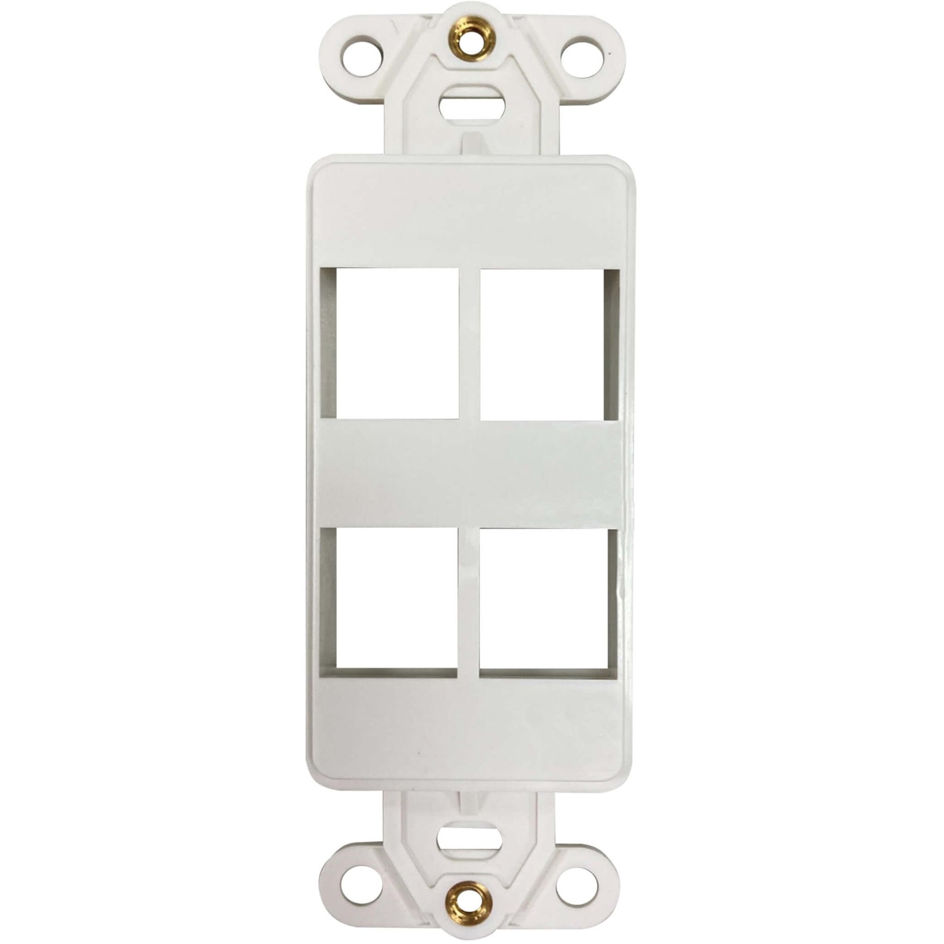 Straight-on view of ivory wall mount insert showing four keystone jack spaces and mounting points-alternate-image2