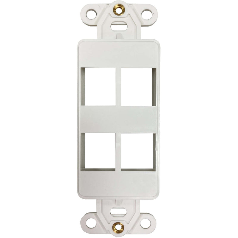 Straight-on view of ivory wall mount insert showing four keystone jack spaces and mounting points