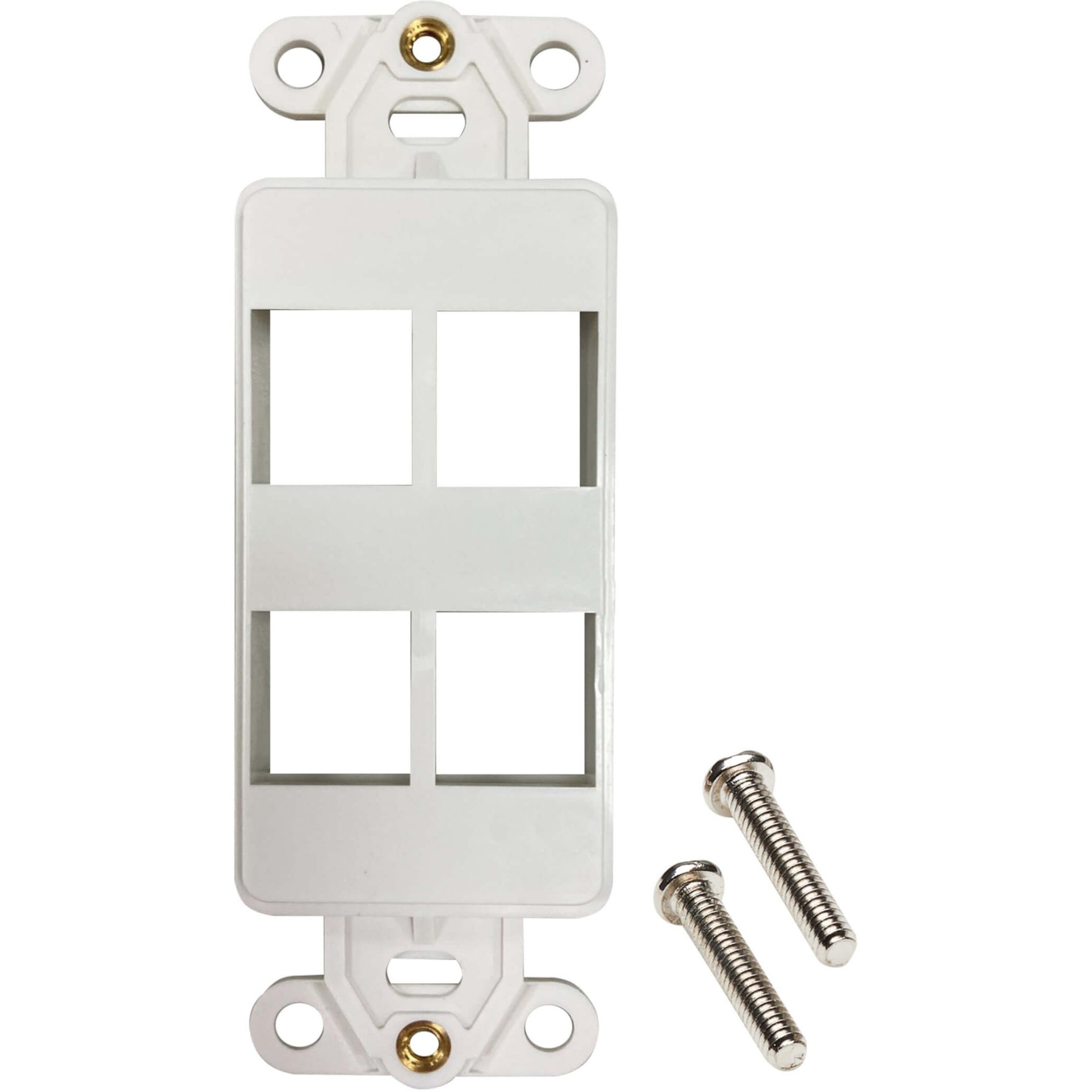 Front view of ivory 4-port wall mount insert with mounting screws showing keystone jack spaces and antibacterial construction-alternate-image1