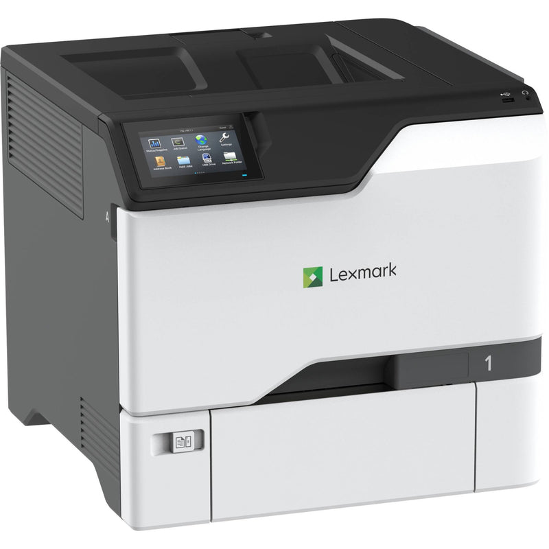 Front view of Lexmark CS730de color laser printer showing large touchscreen interface and clean white design