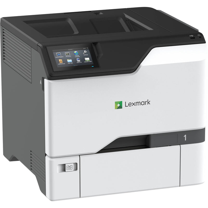 Front angled view of Lexmark CS735de color laser printer showing touchscreen interface and modern two-tone design