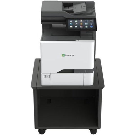 Full view of Lexmark CX735adse with optional printer stand showing storage cabinet