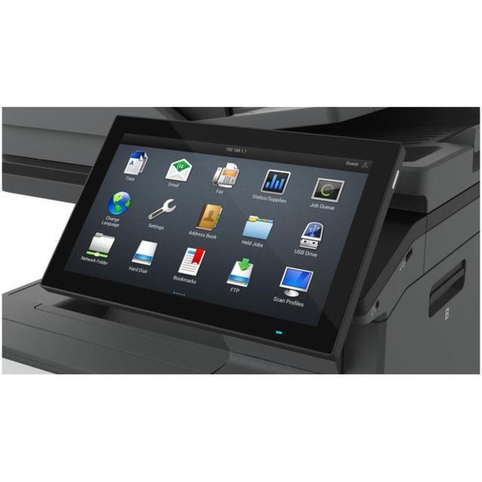 Close-up of Lexmark CX735adse's 10-inch touchscreen interface showing app icons