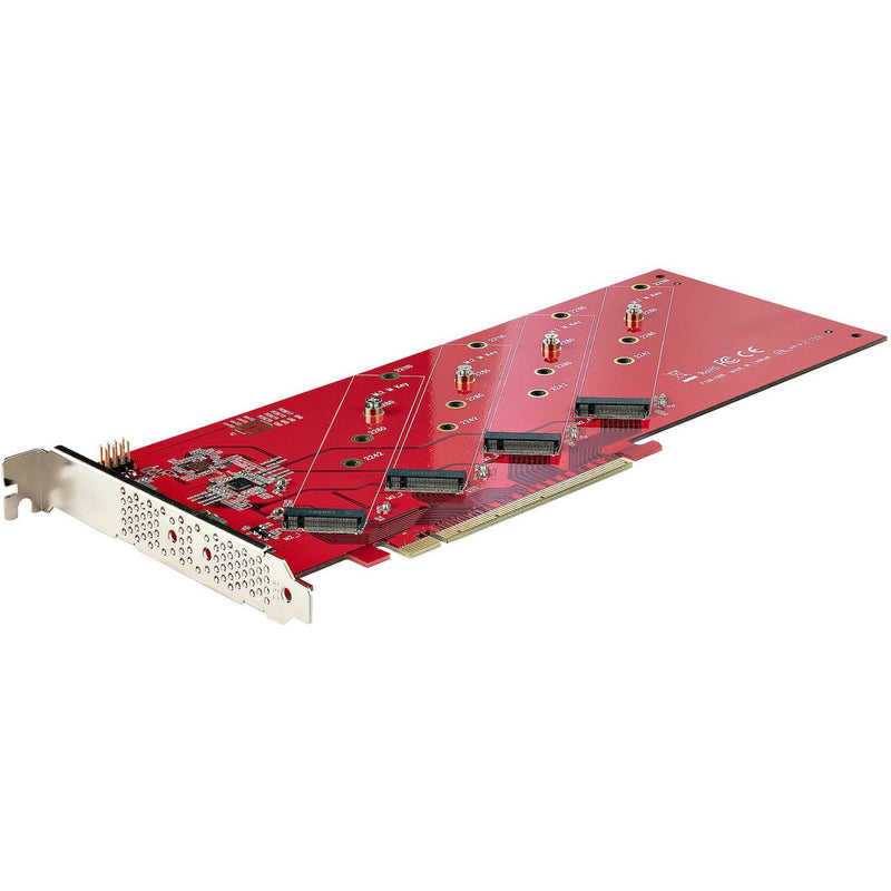 Top angled view of StarTech.com quad M.2 PCIe adapter card showing red PCB and four M.2 slots