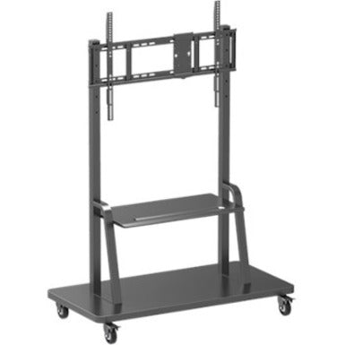 SMART Board heavy-duty mobile stand with dual platforms and adjustable VESA mount bracket shown in black powder-coated finish with lockable casters