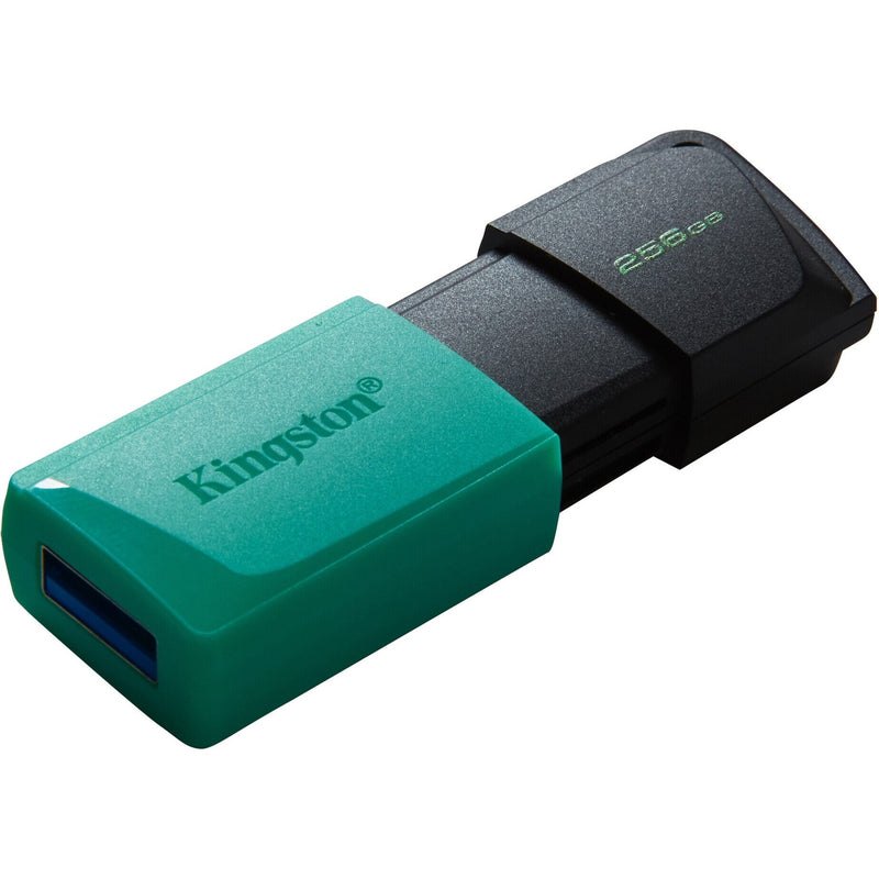 Kingston DataTraveler Exodia M USB flash drive with teal front and black sliding cap showing 256GB capacity