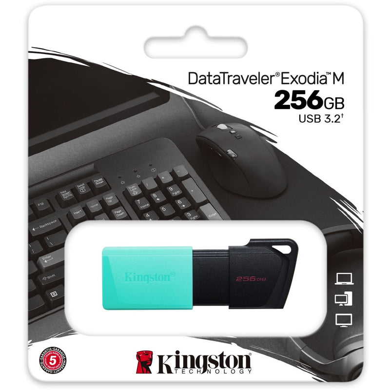 Kingston DataTraveler Exodia M retail packaging showing 256GB capacity and USB 3.2 specifications