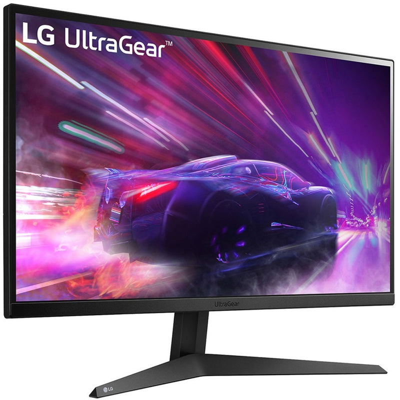 Side angle view of LG UltraGear monitor displaying vibrant gaming scene