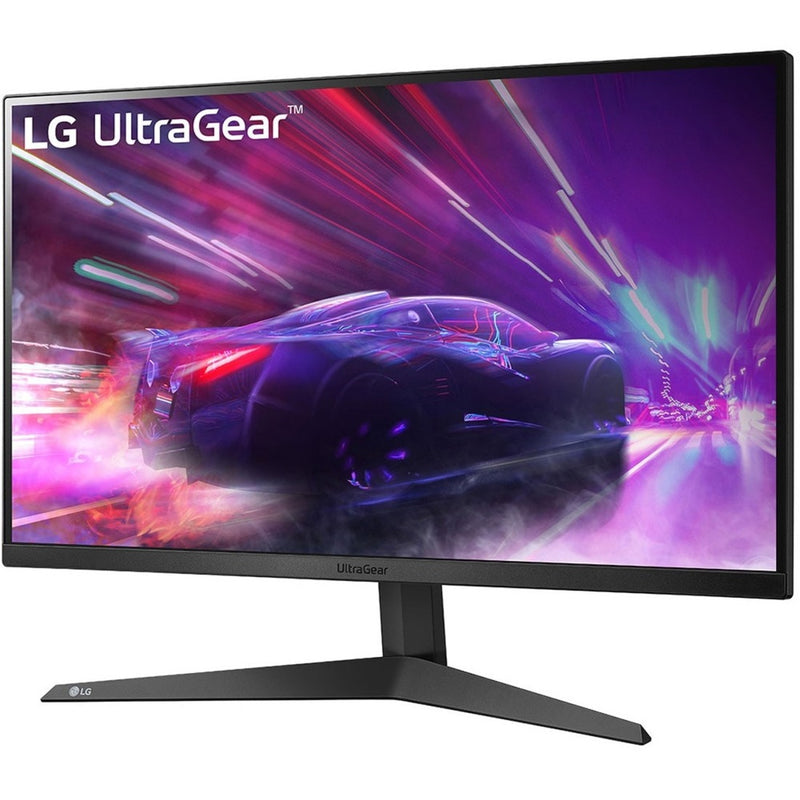 Front view of LG UltraGear 27-inch gaming monitor displaying dynamic racing game scene with purple and red motion effects