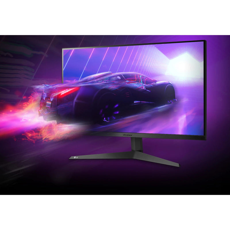 LG UltraGear monitor in ambient lighting showing gaming scene