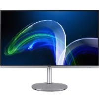 Acer CB322QK 31.5-inch monitor with zero-frame design, silver stand, and vibrant display showing blue and green curved lines against dark background