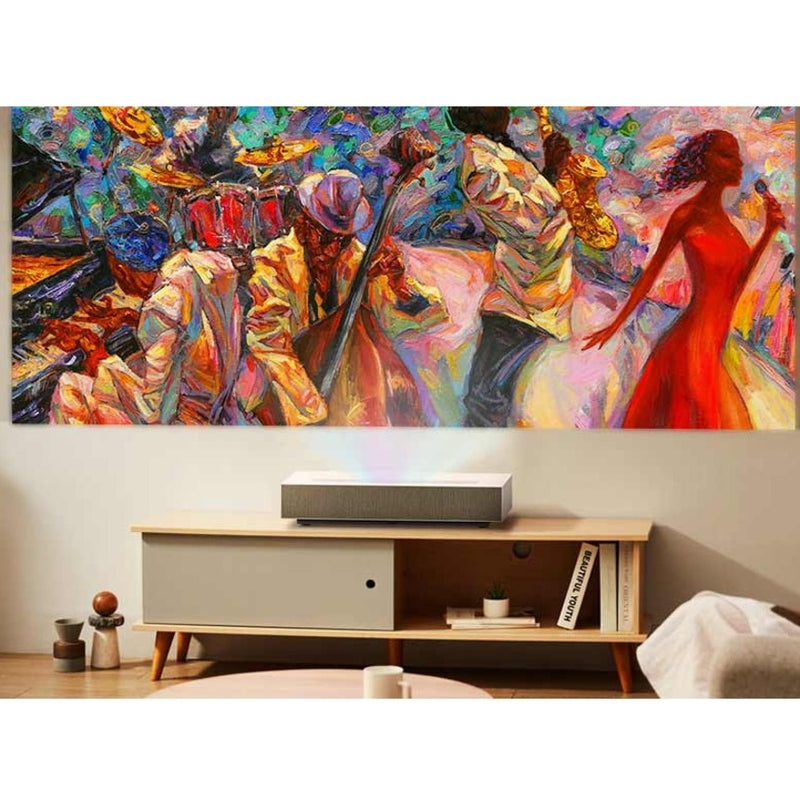 Projector in modern living room setting with artwork projection