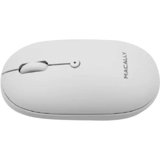 Top view of white Macally Bluetooth mouse showing sleek design with scroll wheel and buttons