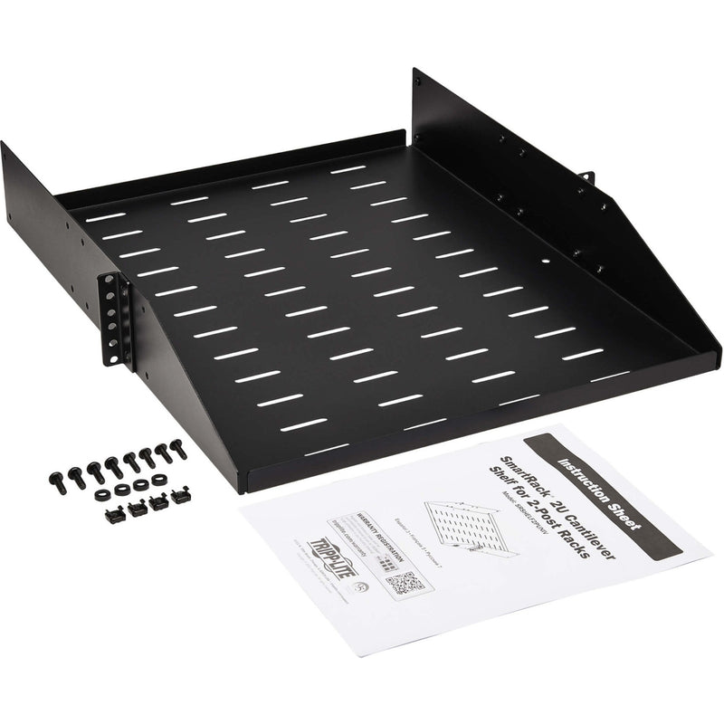 Tripp Lite SmartRack 2U vented rack shelf with mounting hardware and installation guide