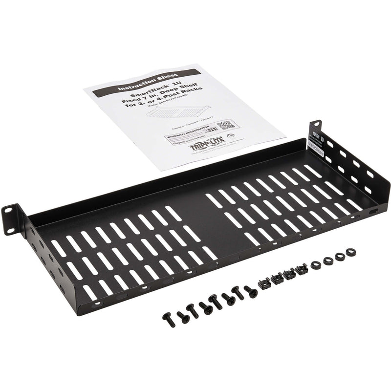 Tripp Lite SmartRack shelf components including mounting hardware and installation manual